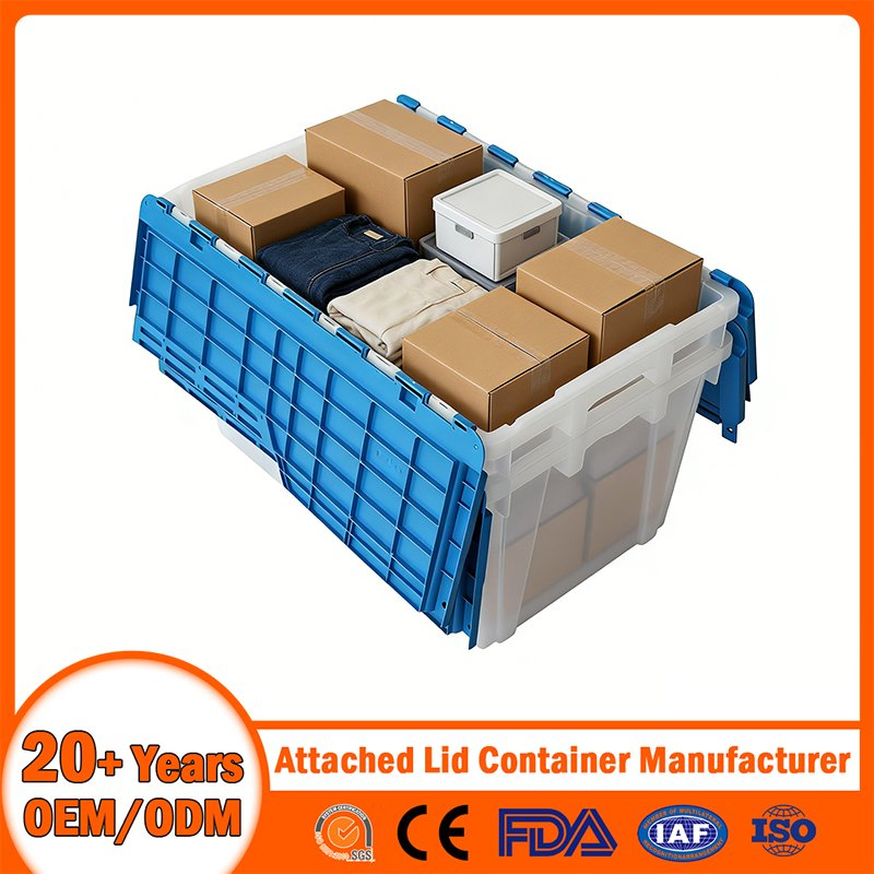 China Plastic Attached Lid Container Manufacturer Stackable/Nestable/Lobster/Bale Arm/EU/Euo Moving Mesh Turnover Logistic/Bread/Egg/Beer Tote Plastic Container