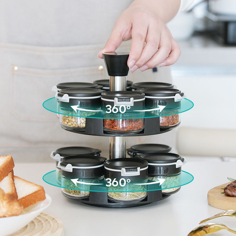 Kitchen 85ml Clear Glass Spice Storage Jar Set with Stainless Steel Organizer 2 Tier Rotating Carousel Rack