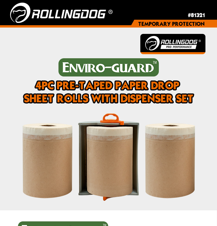 Rollingdog-PRO 81321 4PC Pre - Taped Paper Drop Sheet Rolls with Dispenser Set