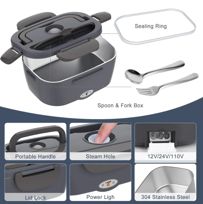 Electric Lunch Box for Adults, 80W Heated Lunch Box, 12V/24V/110V 1.5L Stainless Steel Portable Food Warmer Lunchbox