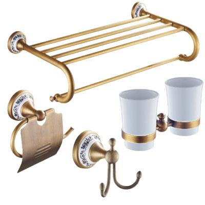 Antique Brushed Brass Porcelain Base Bathroom Hardware Set Bronze Ceramic Bathroom Products with Flower Decoration