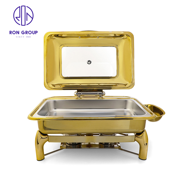 Factory Price Buffet Stove Hydraulic Pressure All Gold Rectangle Food Warmer Electric Ues Fuel Use Chafing Dish