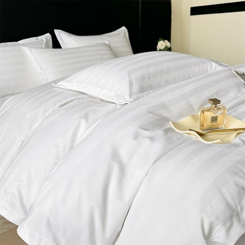 White 3cm Satin Stripe Quilt Duvet Cover Wholesale Soft Smooth Comfortable Flat Sheet ODM/OEM 300tc 100% Cotton Sateen Hotel Bed Sheets Bedding Set Wholesale