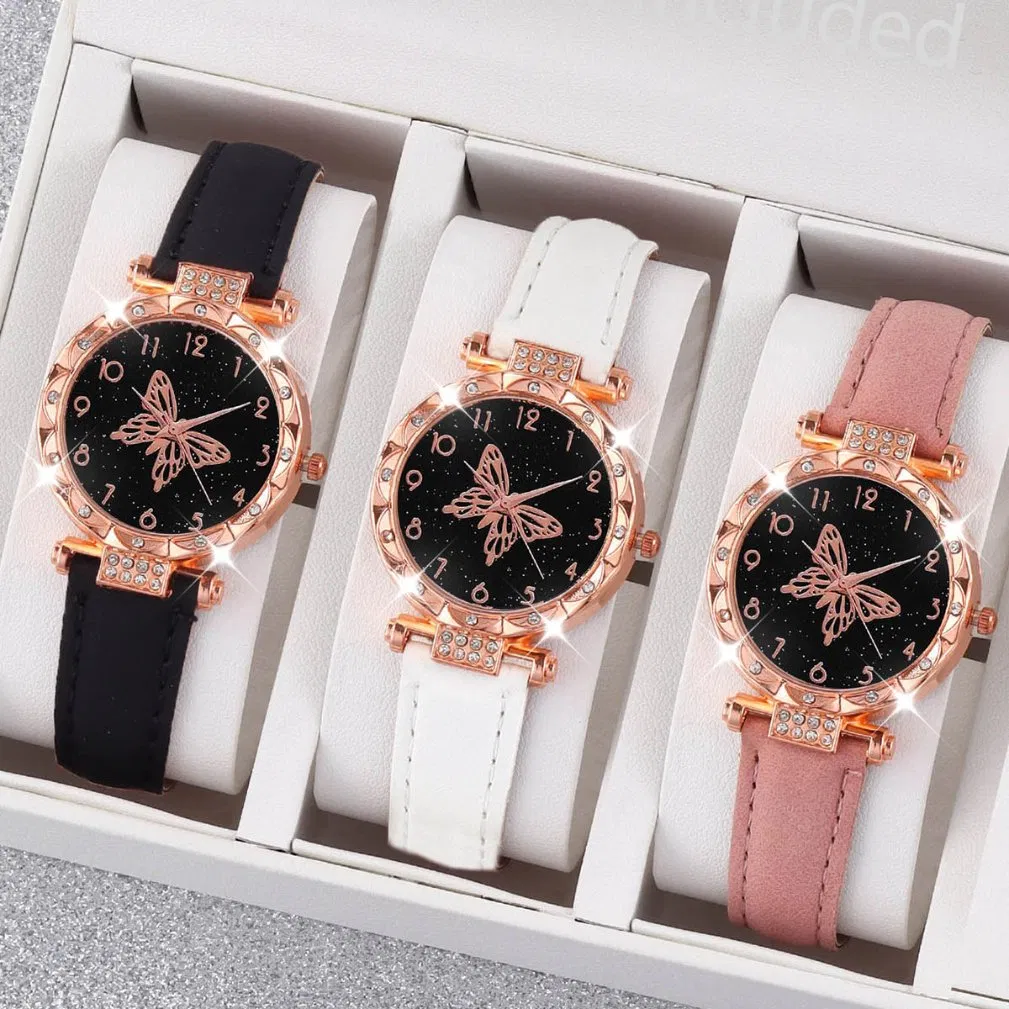 Three-Color Women's Casual Watch Set Niche Design Decorated with Butterflies on The Surface.