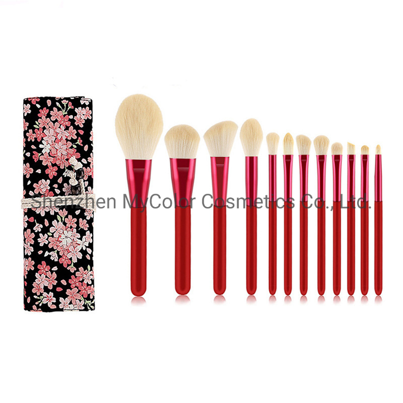 12PCS Red Brush Set Nylon Synthetic Hair Foundation Blush Brow Makeup Brushes