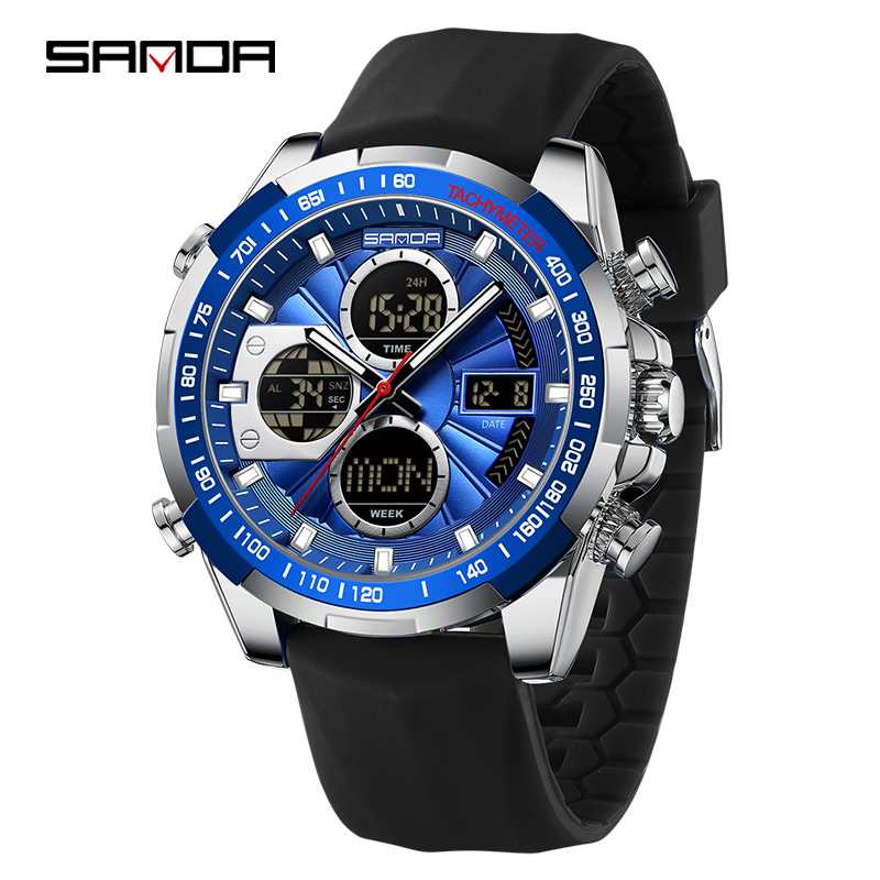 Men's Large Dial Electronic Watch Waterproof Alloy Case Multifunctional Chronograph Calendar Wristwatch