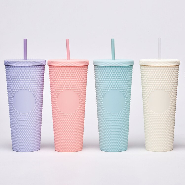 High Quality 24oz Plastic Double Wall Cold Cup Tumbler with Lids Straws Drink Cup Diamond Studded Tumbler