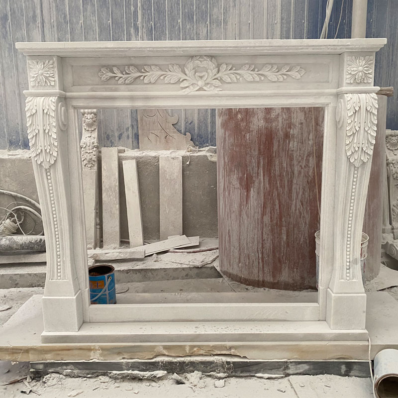 Hand Carving White Marble Fireplace Mantel with Marble Lion Statues Outdoor Fireplace Carving Sculpture