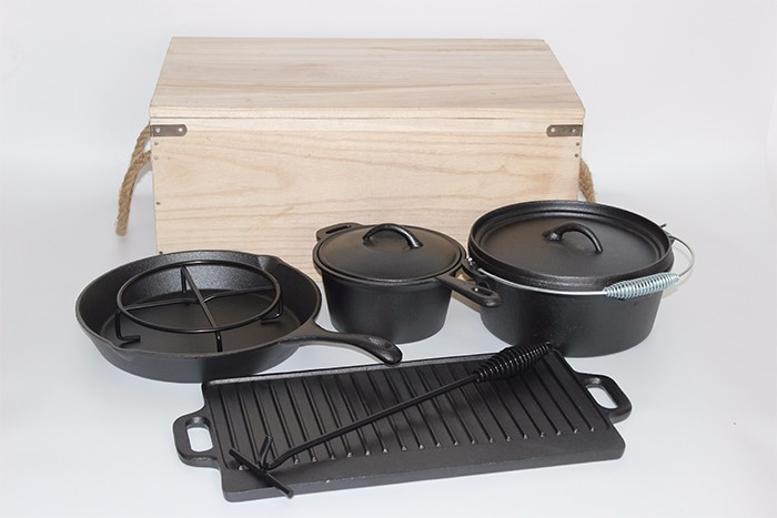 7-Piece Cast Iron Preseasoned Camping Cookware Sets with Wooden Box
