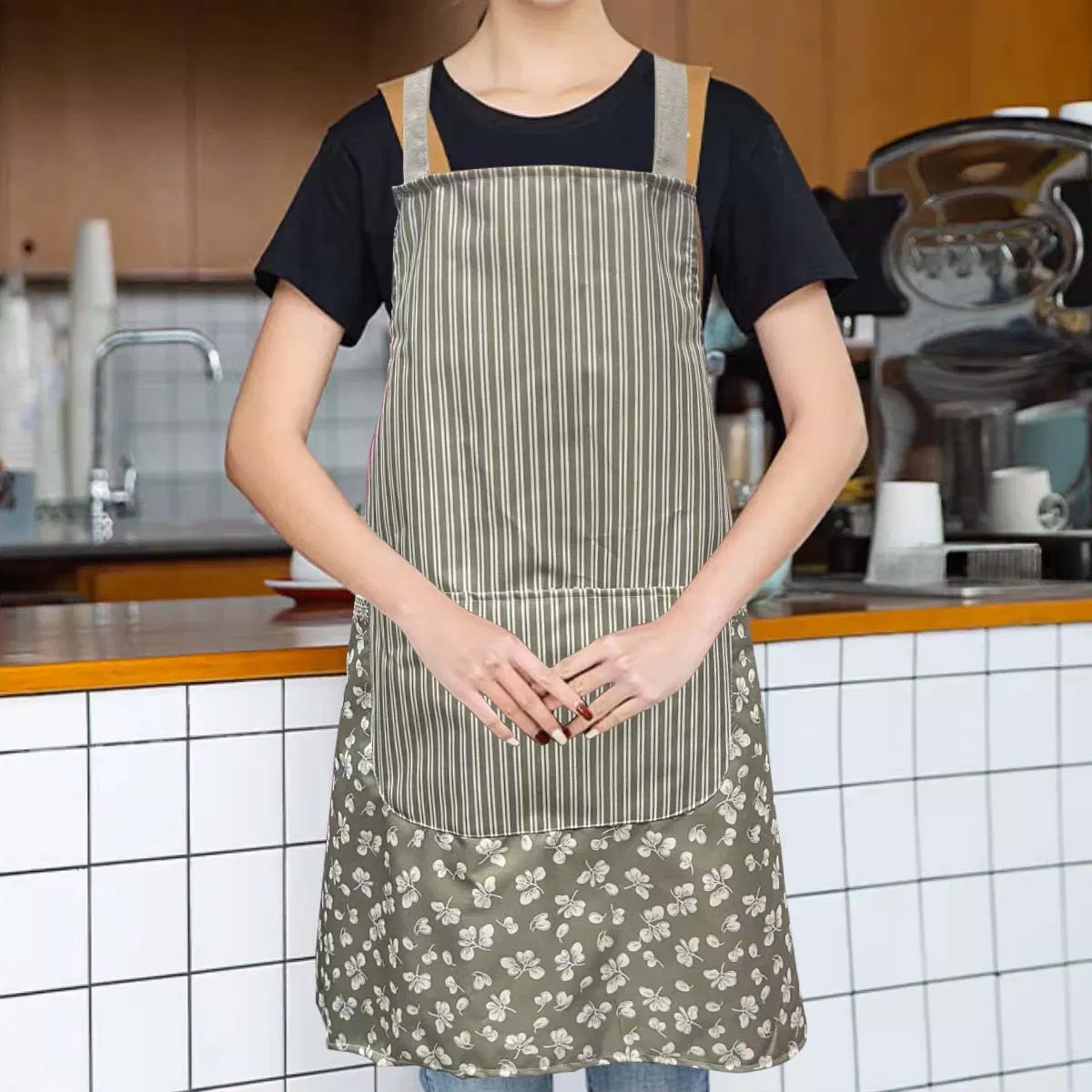Household Anti-Stain Adult Fashion Work Clothes, Kitchen Multi-Apron, Striped and Floral Simple Apron