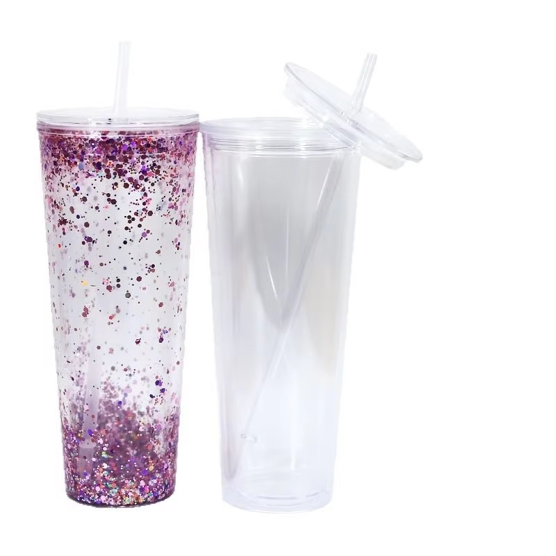 DIY Snowglobe Tumbler with Pre Drilled Hole 24 Oz Clear Acrylic Plastic Double Wall Tumbler Cup with Lid and Straw