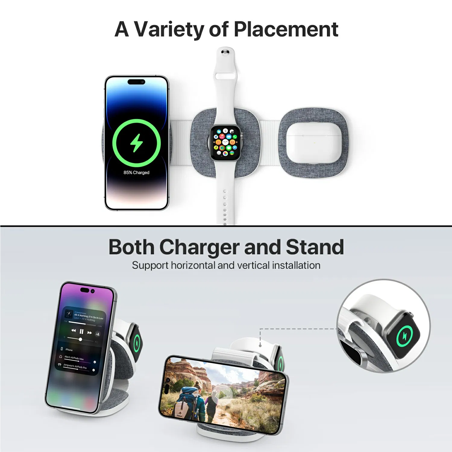 Ym-T1 3 in 1 Magnetic Wireless Charger for Phone / Apple Watch / Airpods Foldable Travel Charging Pad - Dark Grey