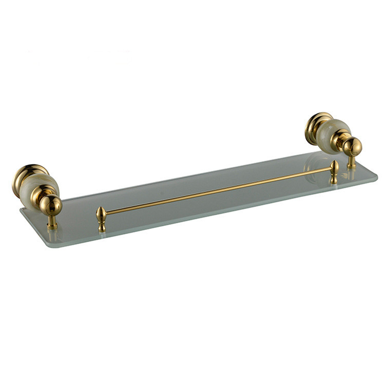 Luxury European Style Brass Plating Gold Jade Marble Bathroom Tempered Glass Storage Rack