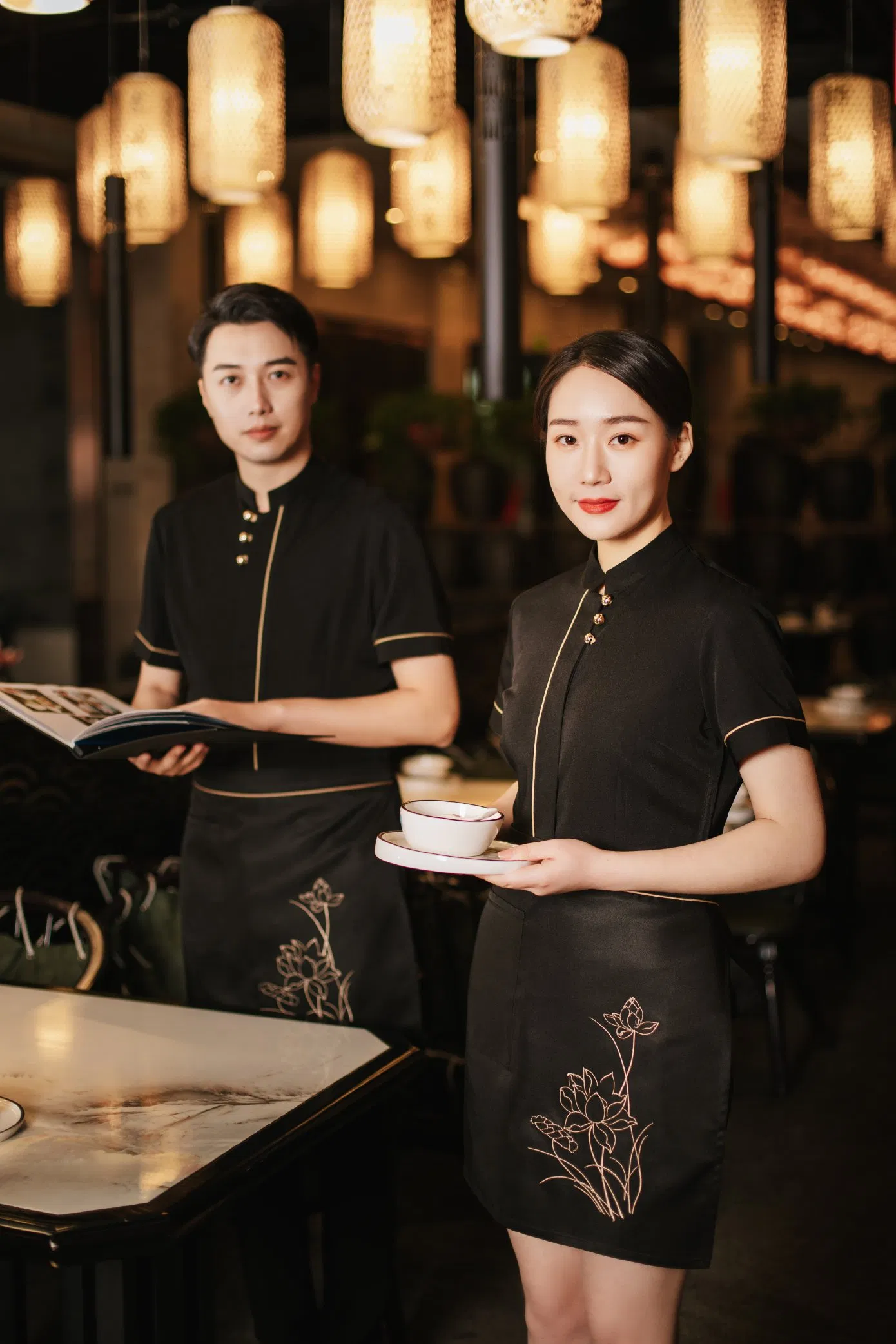 Csjd-019#Embroidered Lotus Waiter Work Clothes Apron