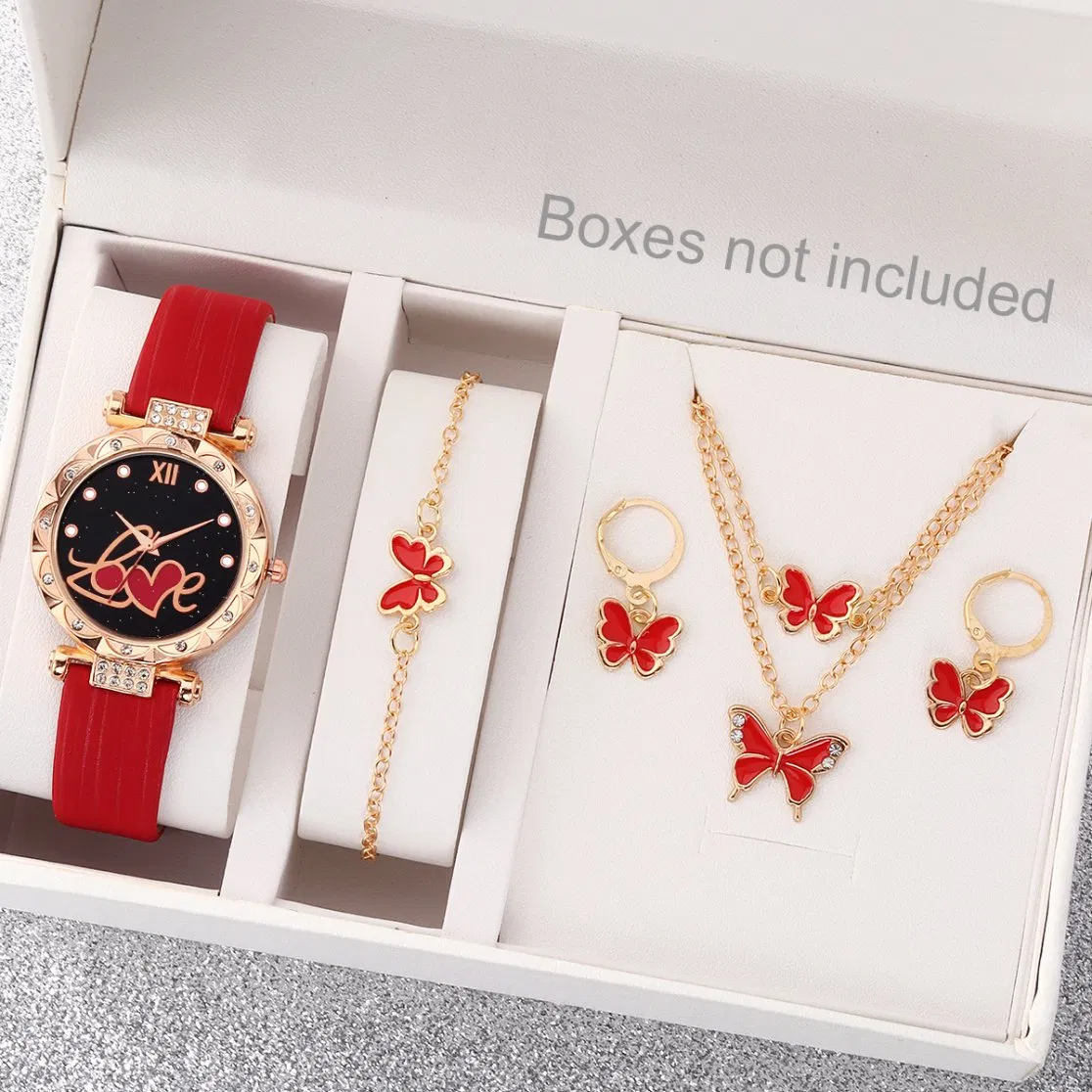 Eye-Catching Red Watch Set Exquisite and Elegant Butterfly Jewelry