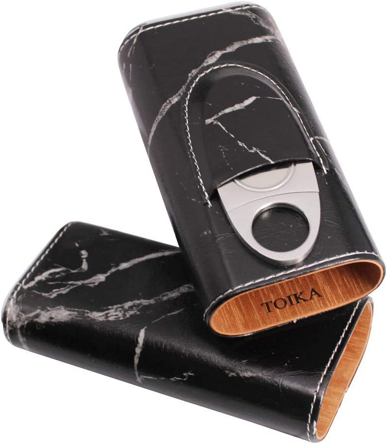 Custom Elegant 3 Holder Black Marble Pattern Leather Travel Cigar Tube