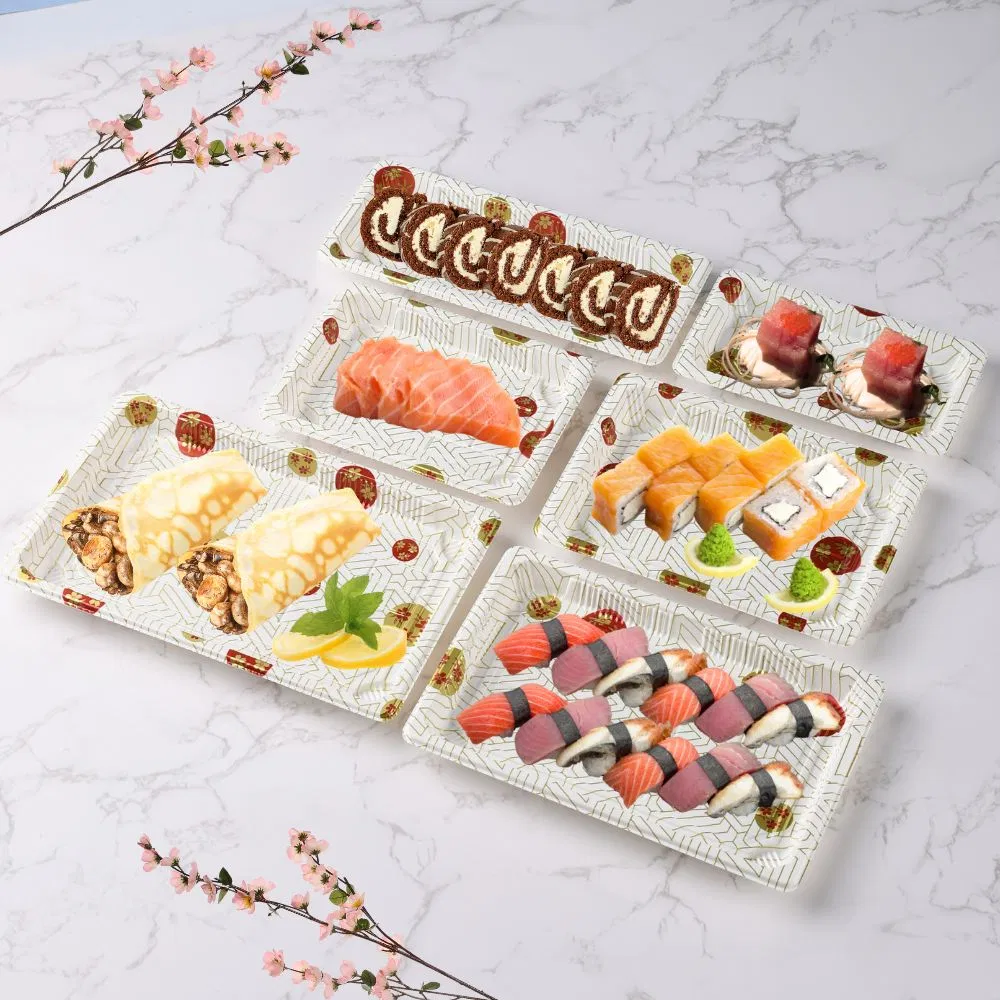 Manluen New Arrival White Sakura Plastic Sushi Box Take Away to Go Sashimi Salmon Salad Food Packaging Disposable Food Container