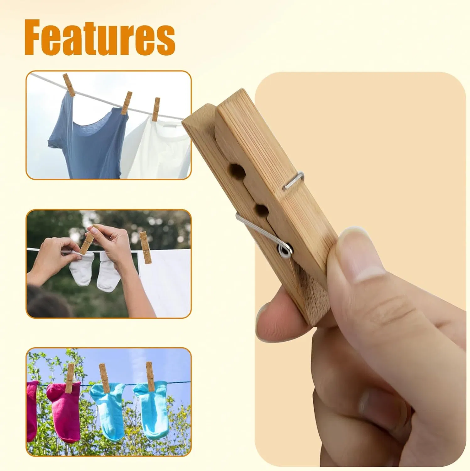 2.9 Inch Heavy-Duty Rust Proof Bamboo Clothes Clip