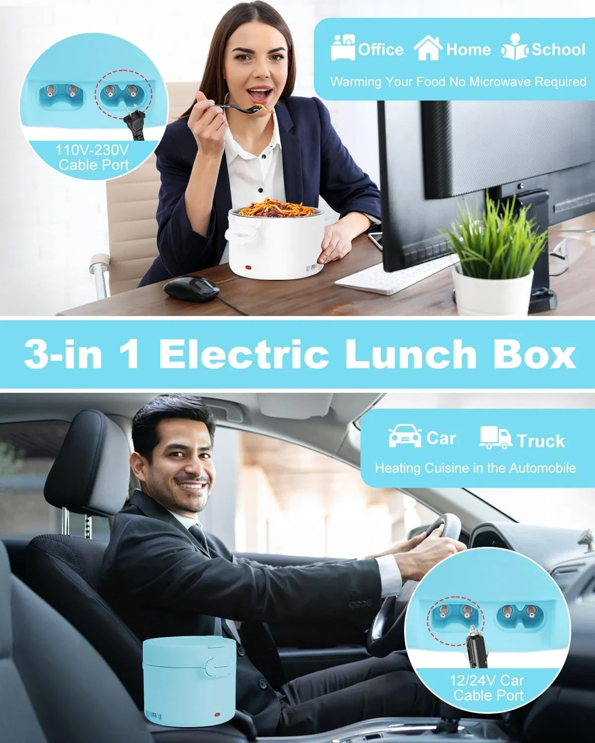 34oz 1L Electric Heated Lunch Box 3-in-1 Portable Food Warmer