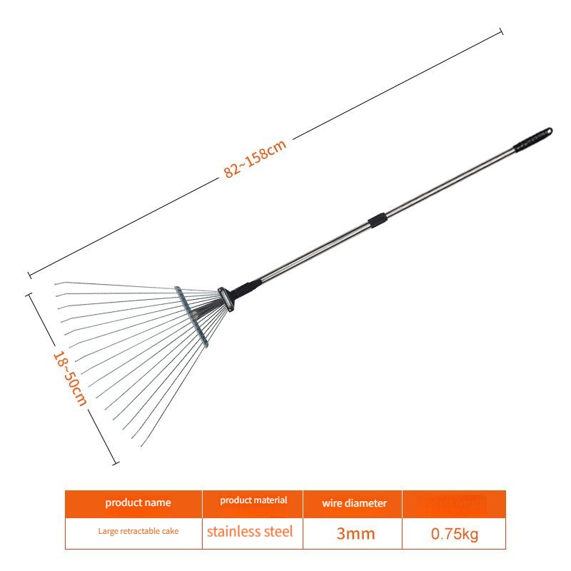 Stainless Steel Telescopic Leaf Rake with 9~15 Tooth Retractable Extension-Type Garden Wire Rake Harrow for Dead Leaf