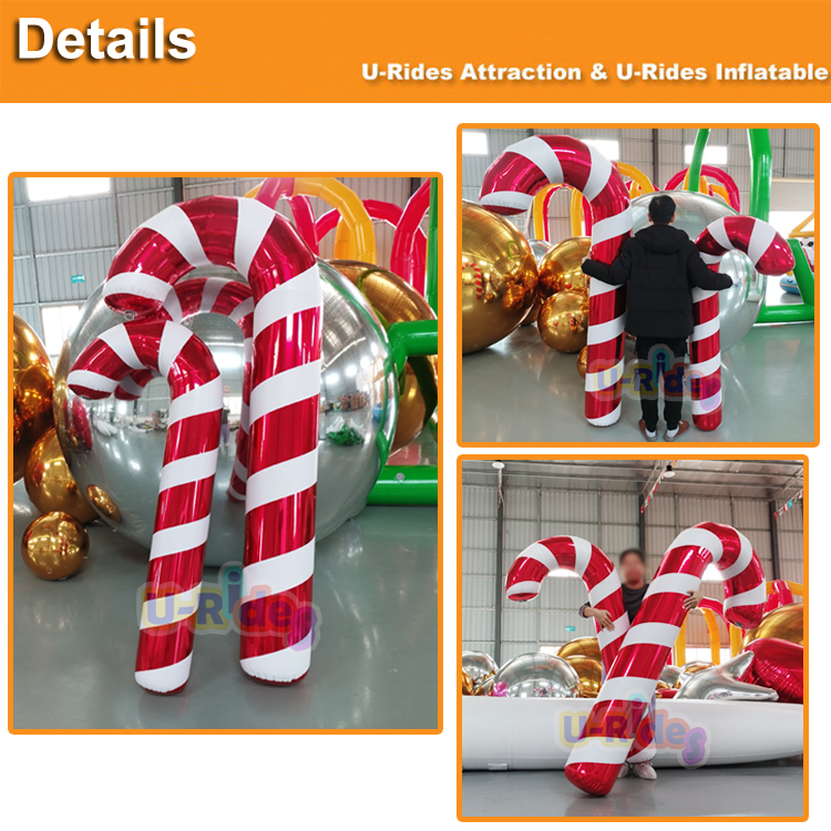 Large Outdoor Inflatable Christmas Balloons Decoration PVC Mirror Candy Canes