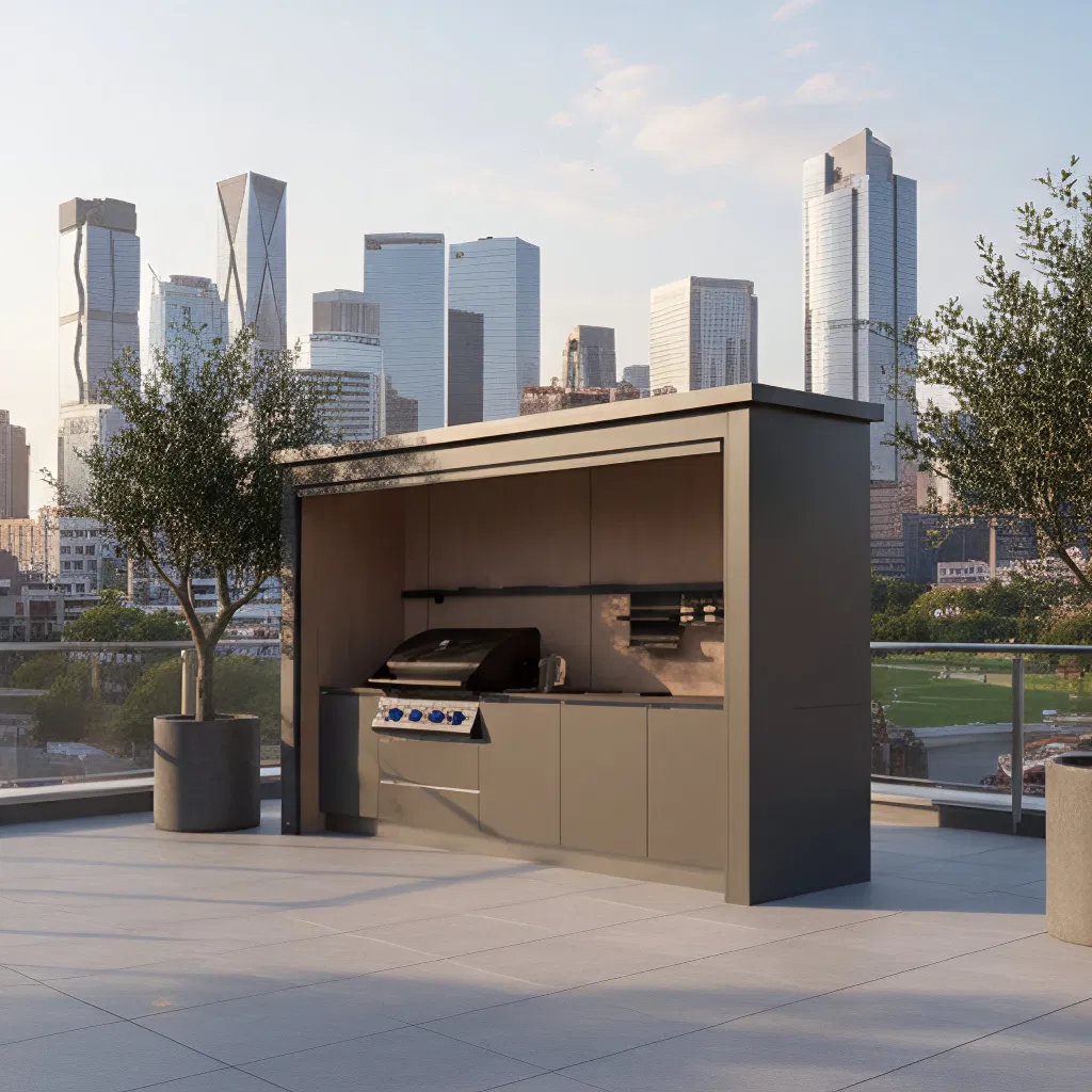 Contemporary Modular Outdoor Prefab Kitchen Unit Weatherproof Mobile Garden Cabinets Sink BBQ Wooden Cabinet