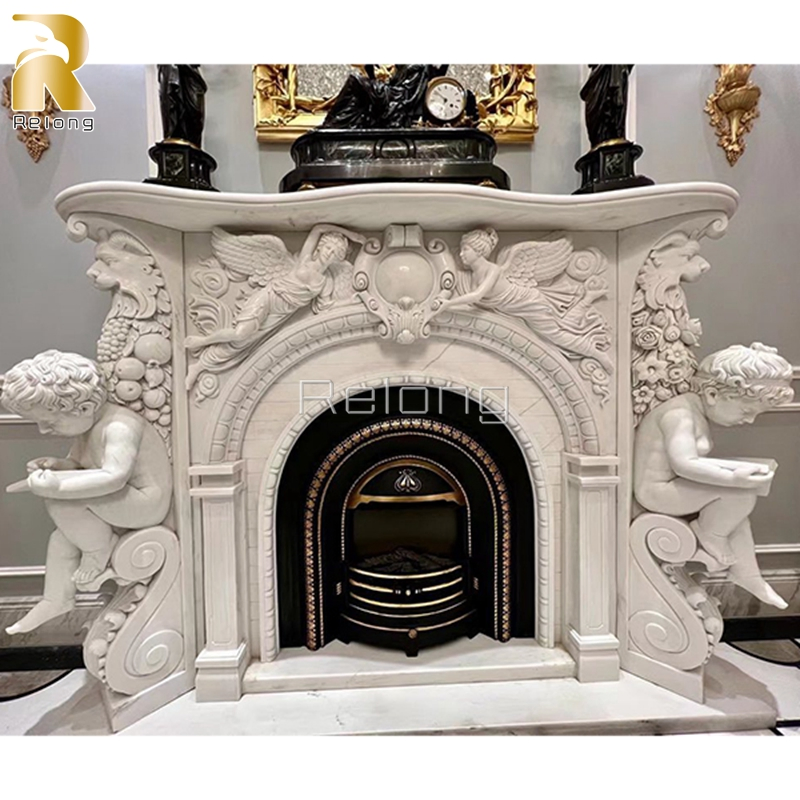 Natural Luxury Marble Stone Fireplace Mantel with Baby Statue for Sale
