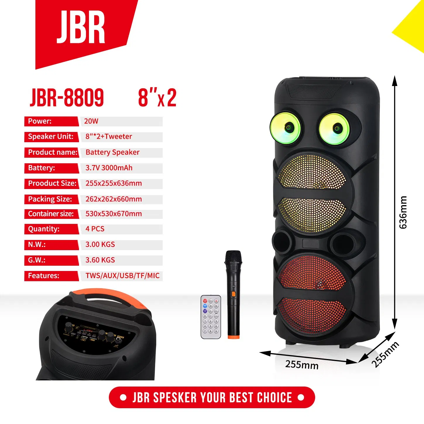 Double 8 Inch Rechargeable Portable Bluetooth Active Speaker Trolley Colorful LED Lights