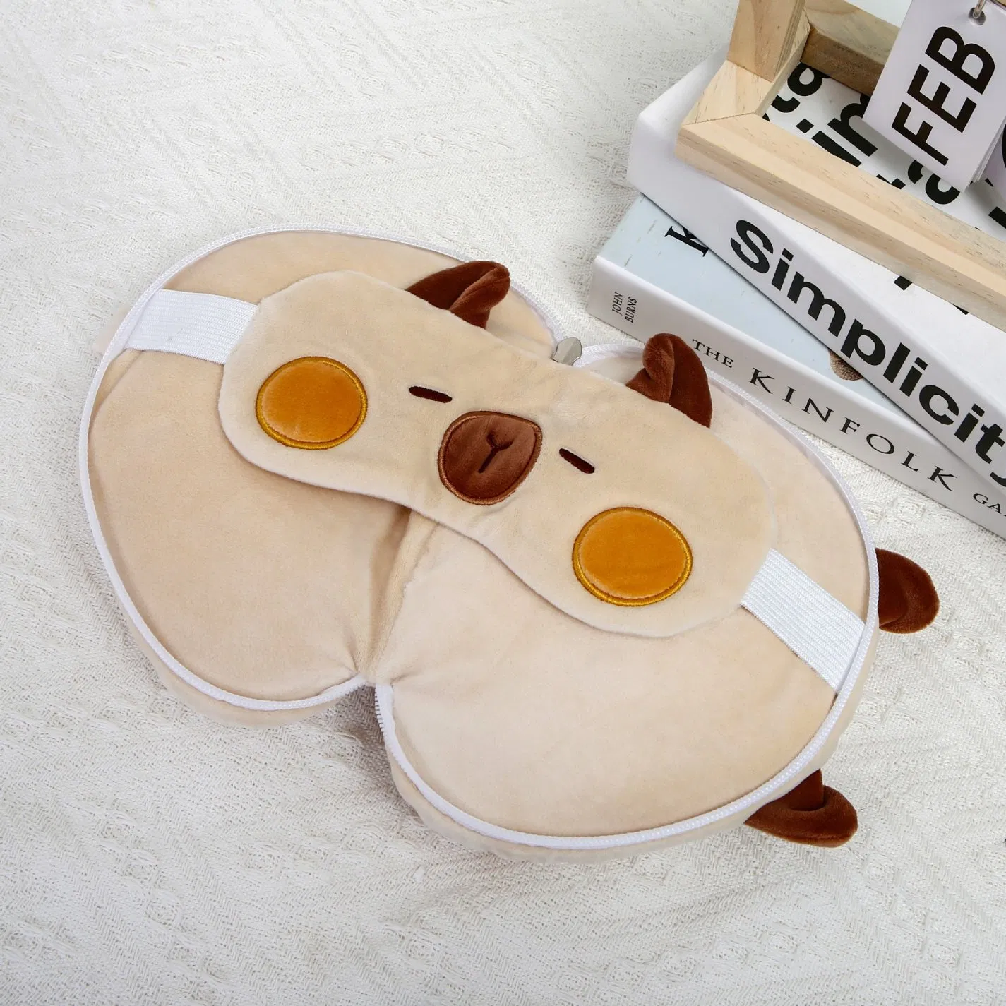 Cute Capybara Soft Plush Folding Neck Head 2 in 1 Travel Pillow Set Eye Mask