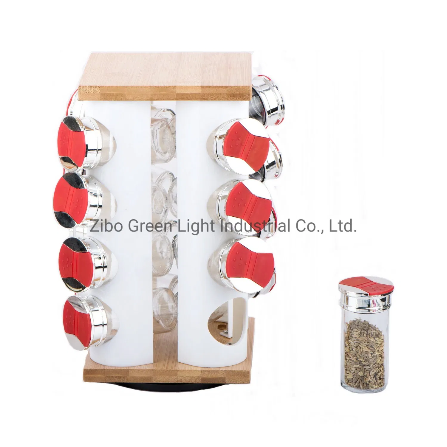 16PCS Glass Spice with Revolving Wooden Rack Spice Shaker