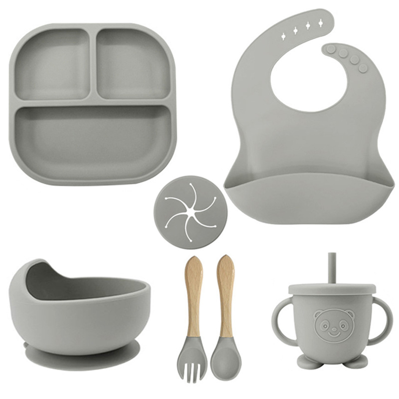 Silicone Complementary Food Bowl for Babies, Square Dinner Plate Set, Divided Plate, Bib, Integrated Eating Set with Suction Cup.