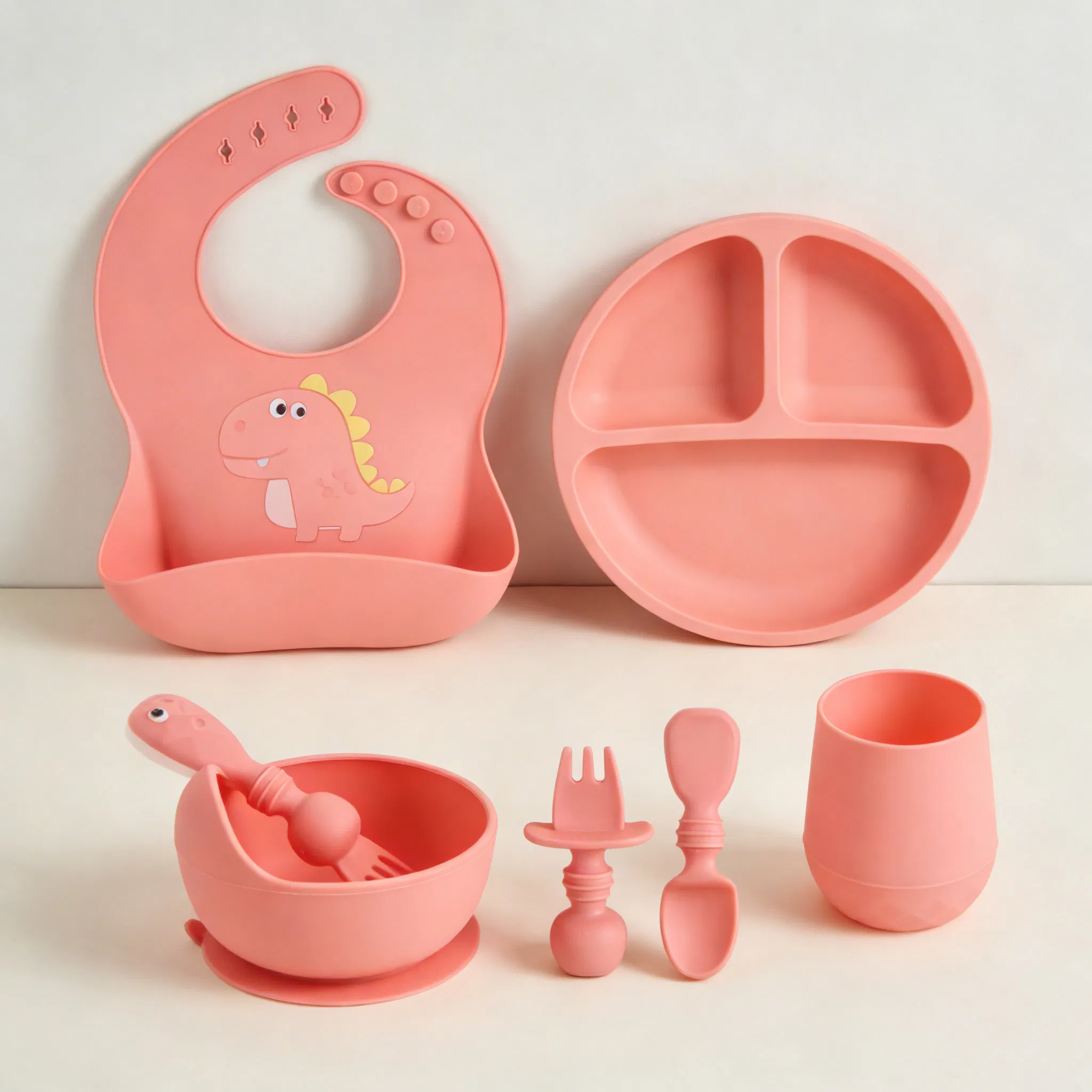 New Food Grade Silicone Baby Bowl Spoon Bib Waterproof Feeding Tableware Set