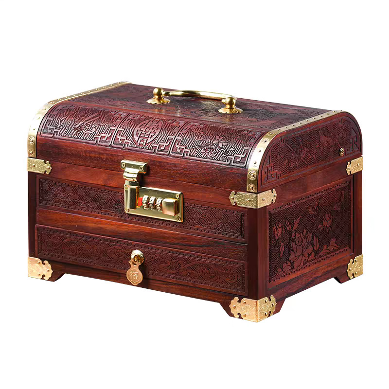 Red Sandalwood Vintage Password Lock Jewelry Box