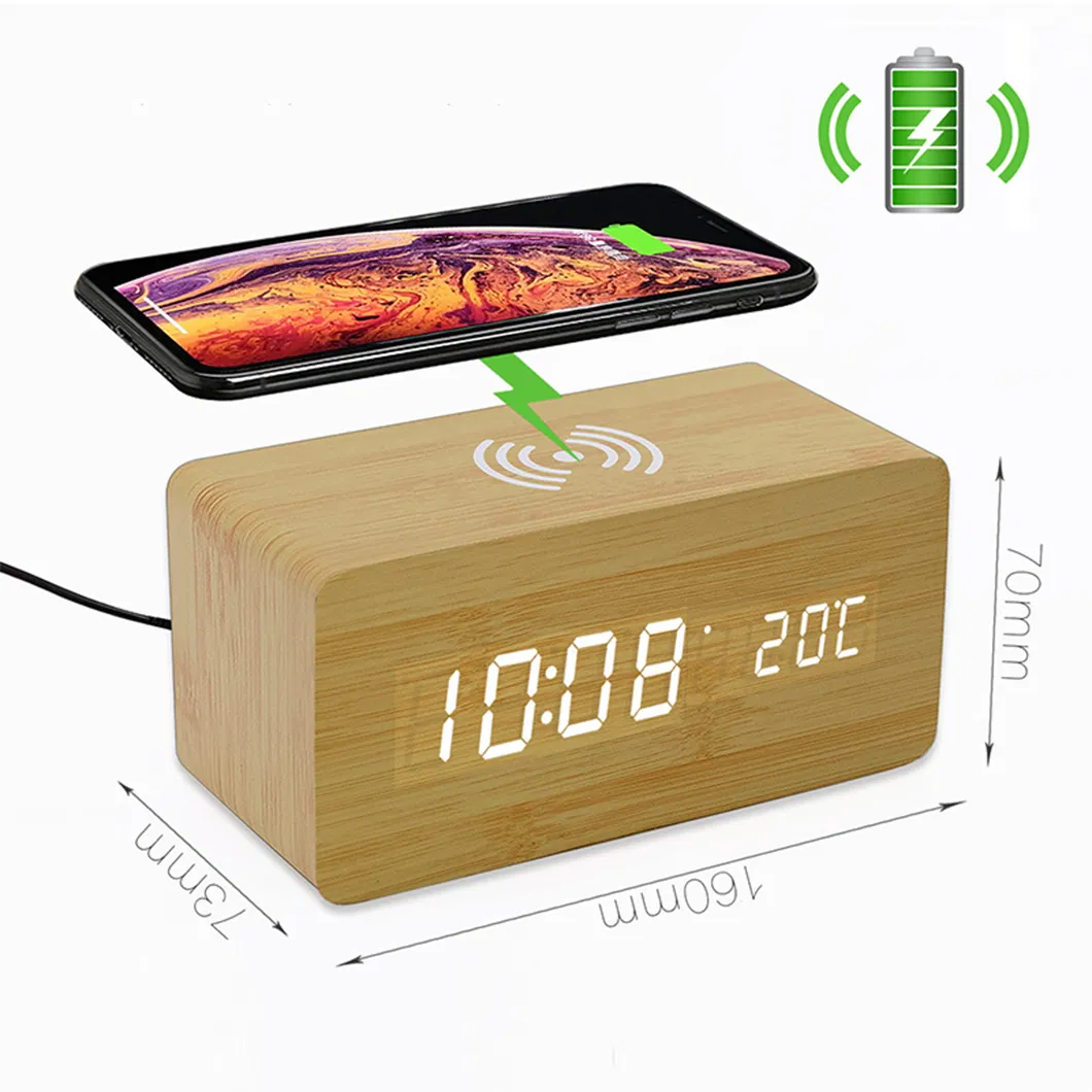 Wooden LED Alarm Clock Wireless Charger Charging LED USB Electronic Desk Digital Alarm Clock
