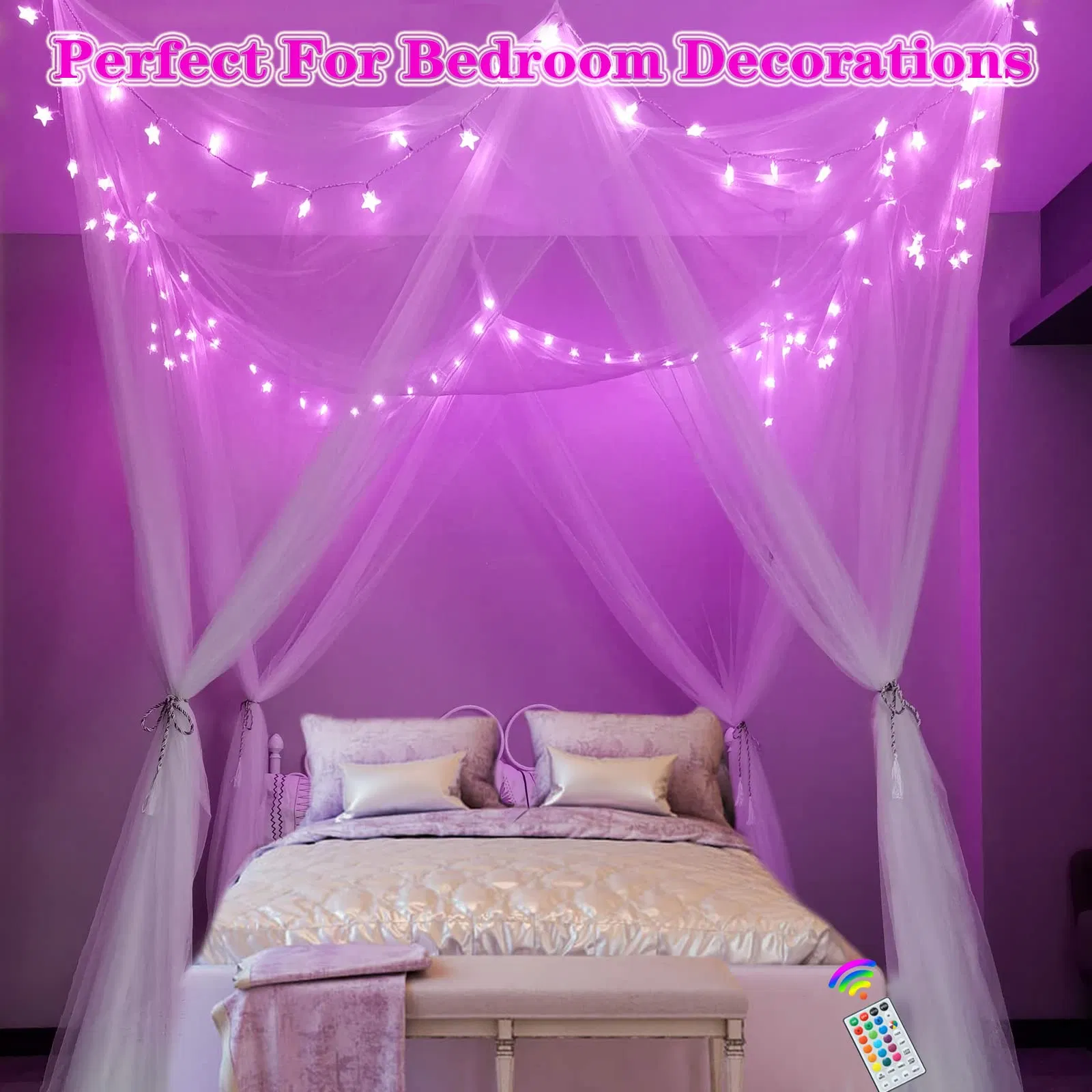 Bed Canopy Star Lights Girls Princess Canopy Curtains LED Mosquito Net