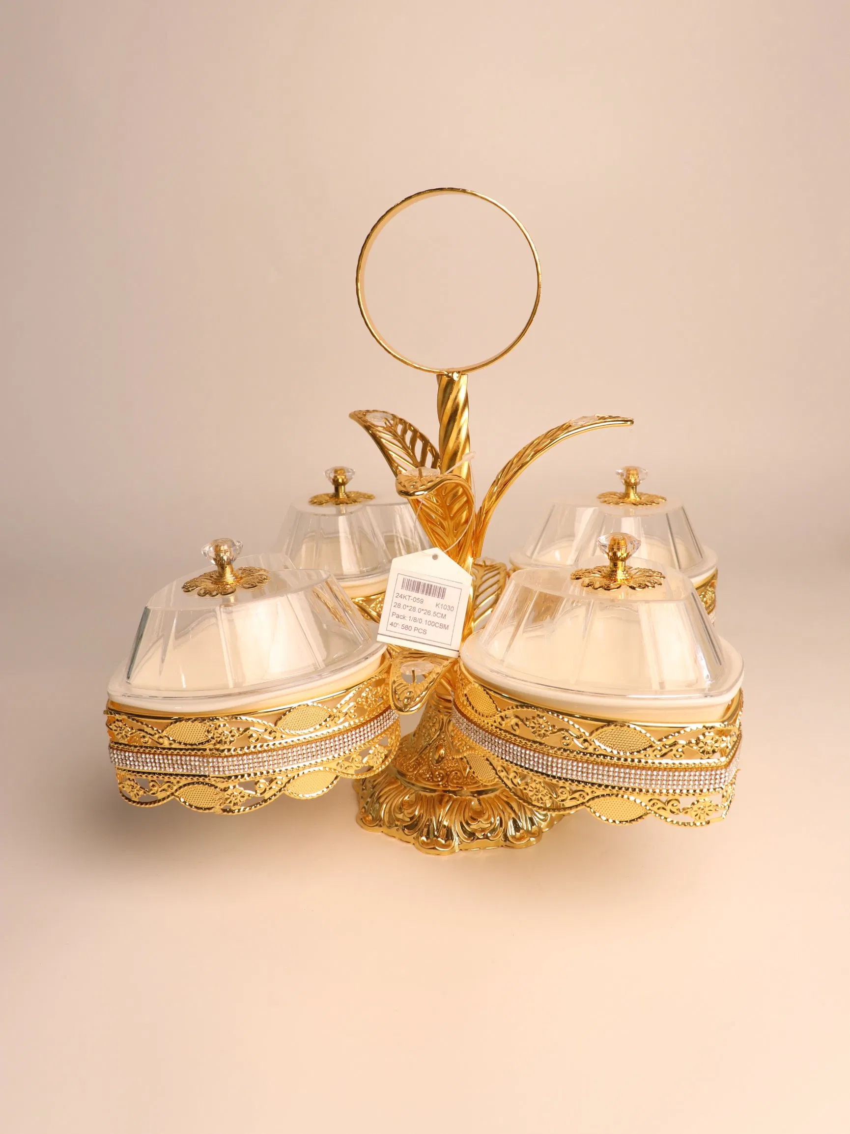 Elegant Fruit Tray with Gilded Ironwork and Four Plastic Bowls