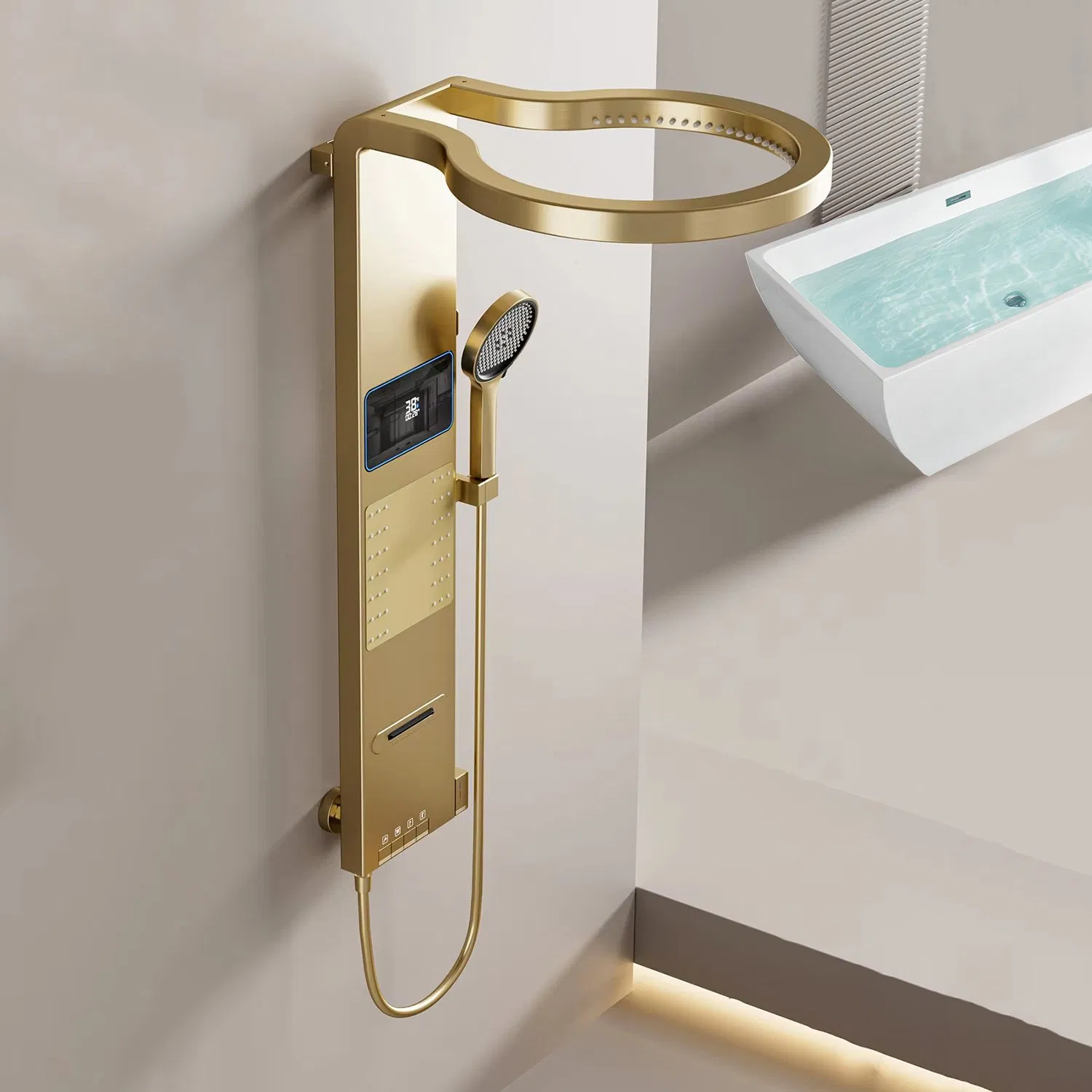 Premium Brushed Gold Smart Shower Panel System Manufacturer- Aluminum Waterfall SPA Column Towers