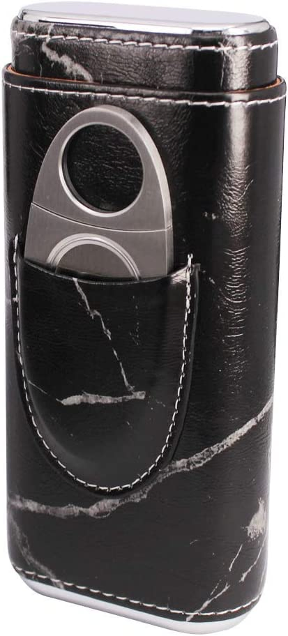 Elegant 3 Holder Black Marble Pattern Leather Travel Cigar Case