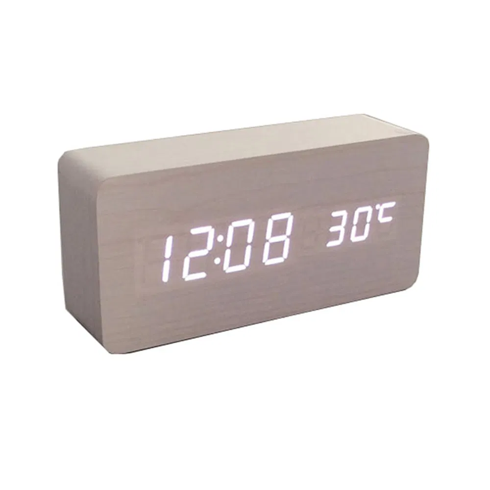 White Wood Effect LED Alarm Temperature Display Clock