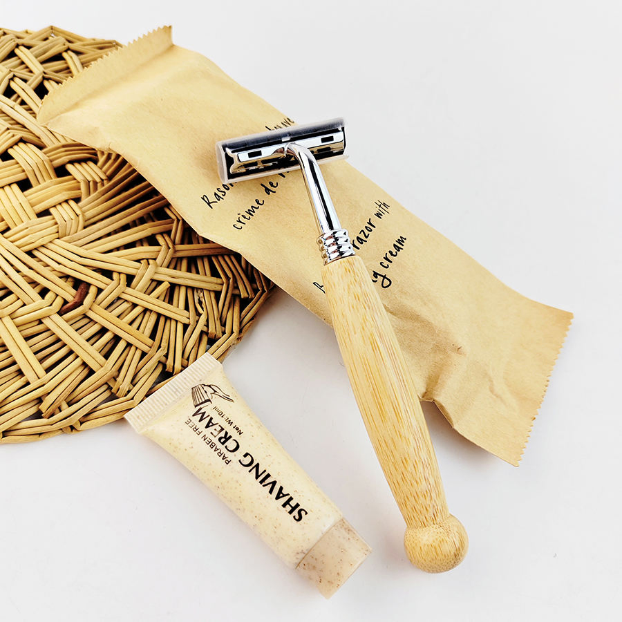Eco-Friendly Natural Bamboo Handle Razor with 10g Wheat Bran Shaving Cream.