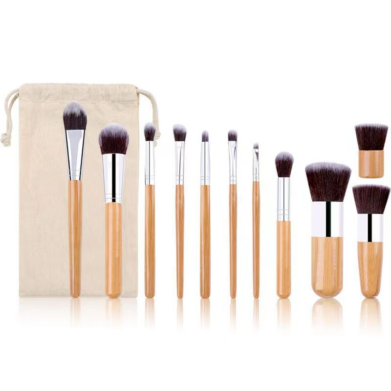 11-Piece Bamboo Makeup Brush Set/Bamboo Handle Cosmetic Brush Kit