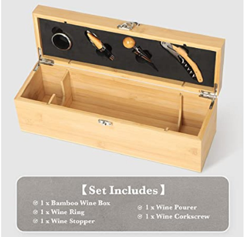Wine Box with 4 Wine Accessories Set, Bamboo Wine Case with Tools Set