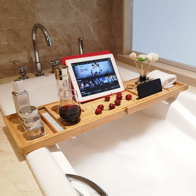Luxurious Extendable Bamboo Bathtub Caddy with Wine Holder