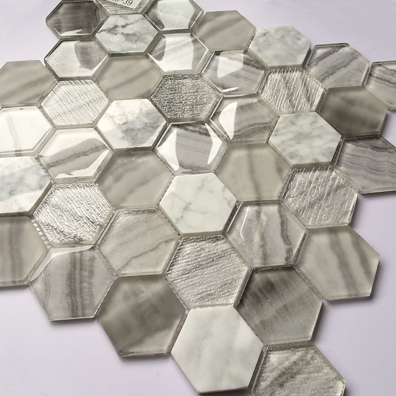 300X300mm Interior Decoration Bathroom Hexagonal Glass Mosaic Tile