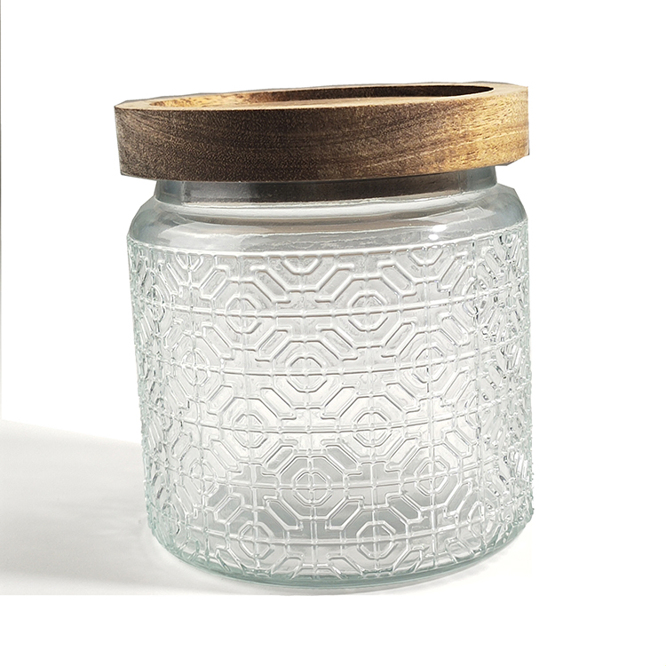 500ml 700ml Embossed Glass Sealed Storage Jar Wooden Lid