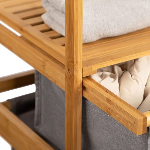 Wholesale Customize Bamboo Freestanding Laundry Storage Basket Rack