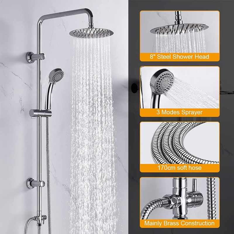 Sanipro 8-Inch Rainfall Top Spray 3 Modes Handheld Shower Head Wall-Mounted Stainless Steel System Set for Bath Shower Faucets