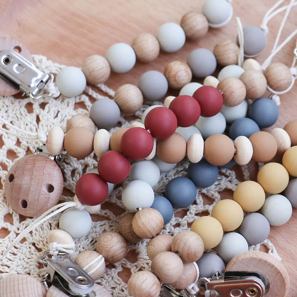 Handmade Silicone Wood Teething Chain Baby Teether Soother Dummy Clips Pacifier Holder
