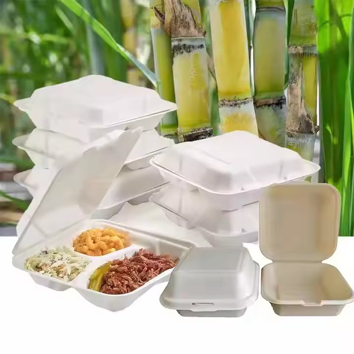 Eco Friendly Compostable 6"8"9" Clamshell Burger Box Takeaway Disposable Biodegradable Food Container Bagasse Lunch Box