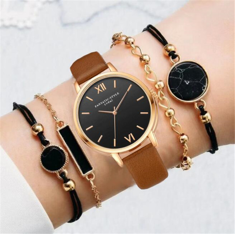 Watch Set Women 5PCS Woman Quartz Wristwatch Leather Ladies Bracelet Luxury Watch Casual Relogio Femenino Gift Watch for Girlfriend